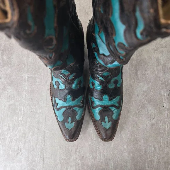 Corral Vintage Western Boots Sz 8 Knee high Brown Aqua Pointed Toe Boho Cowgirl - Picture 2 of 13